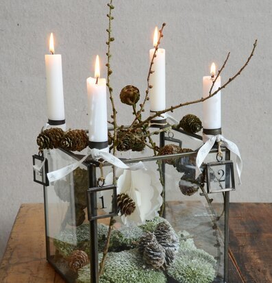 Bild av antik ljusstake i glasbox med vinterscen