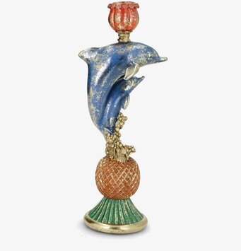 Bild av blå delfinljusstake med maritim patina finish