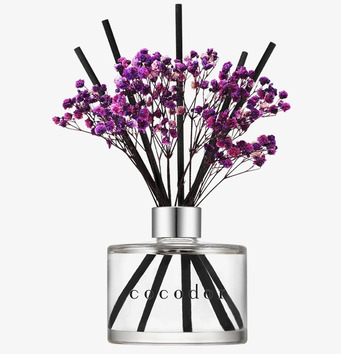Foto: Doftdiffuser med svarta pinnar och lilablommor