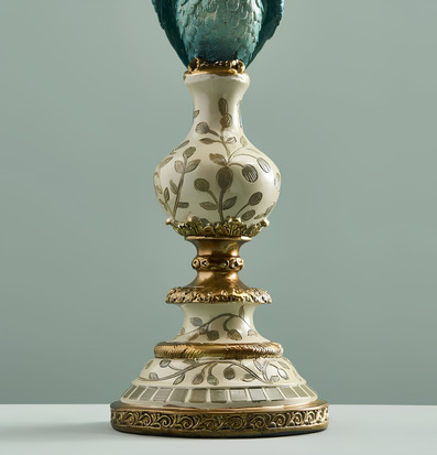 Foto av dekorativ ljusstake i keramik och guldtoner