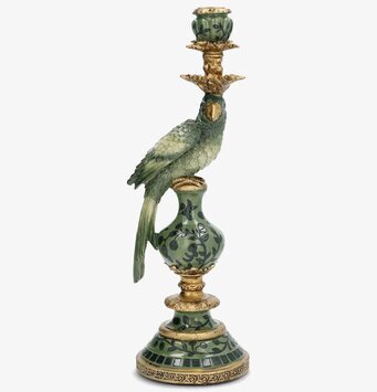 Foto: Grön ljusstake med papegoja och gulddetaljer