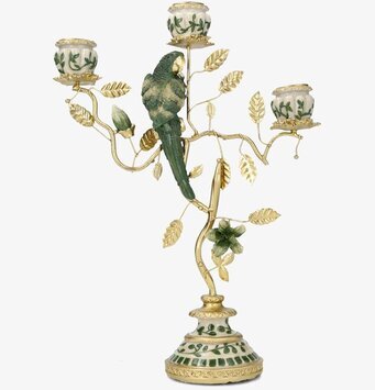 Foto: Grön fågelljusstake med blad i guldvit ton