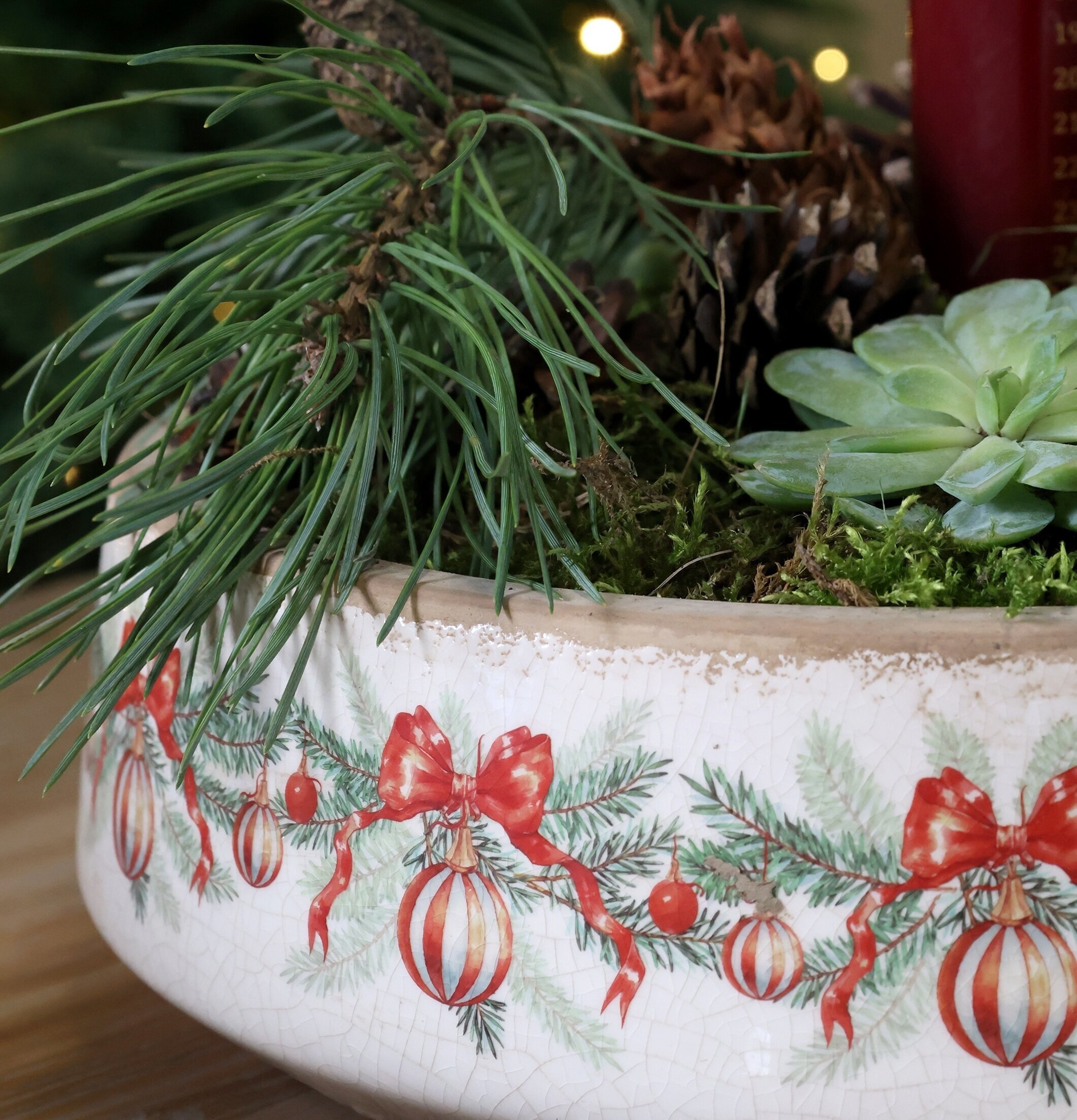 Fat med Julkulor och Rosetter Creme Ø30 cm Chic Antique för ljus, lyktor, växter krukor