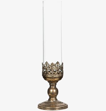 Foto: Hög glaslykta med guldbrun metallfot 43 cm