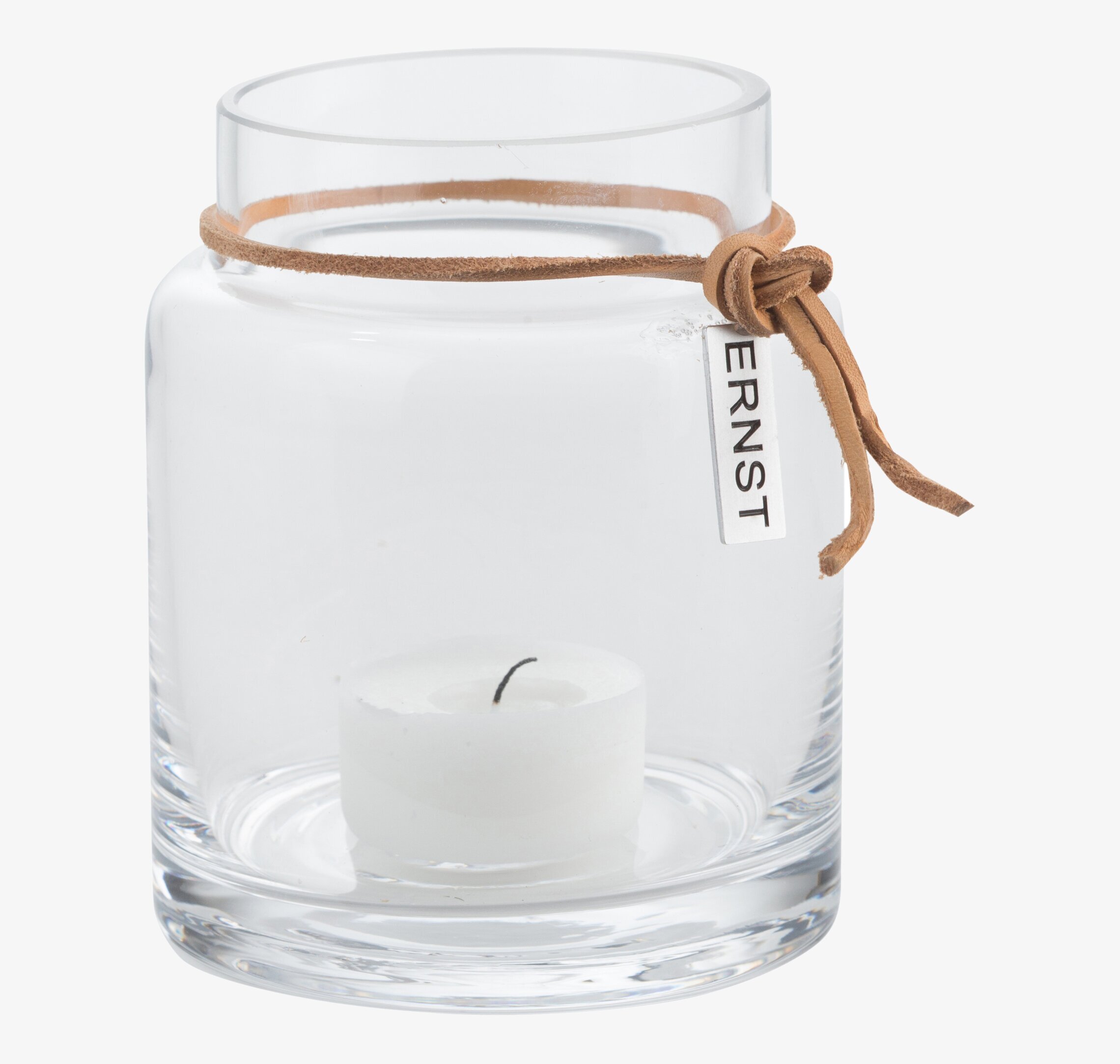 Värmeljuslykta 10 cm från Ernst i klart glas med läderband