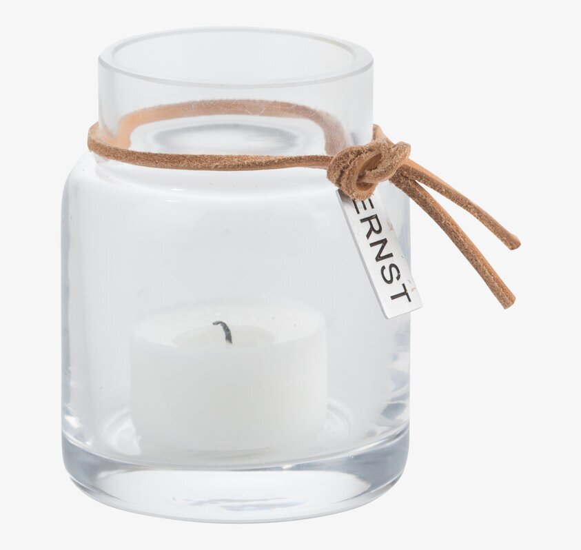 Värmeljuslykta 8 cm från Ernst i klart glas med läderband