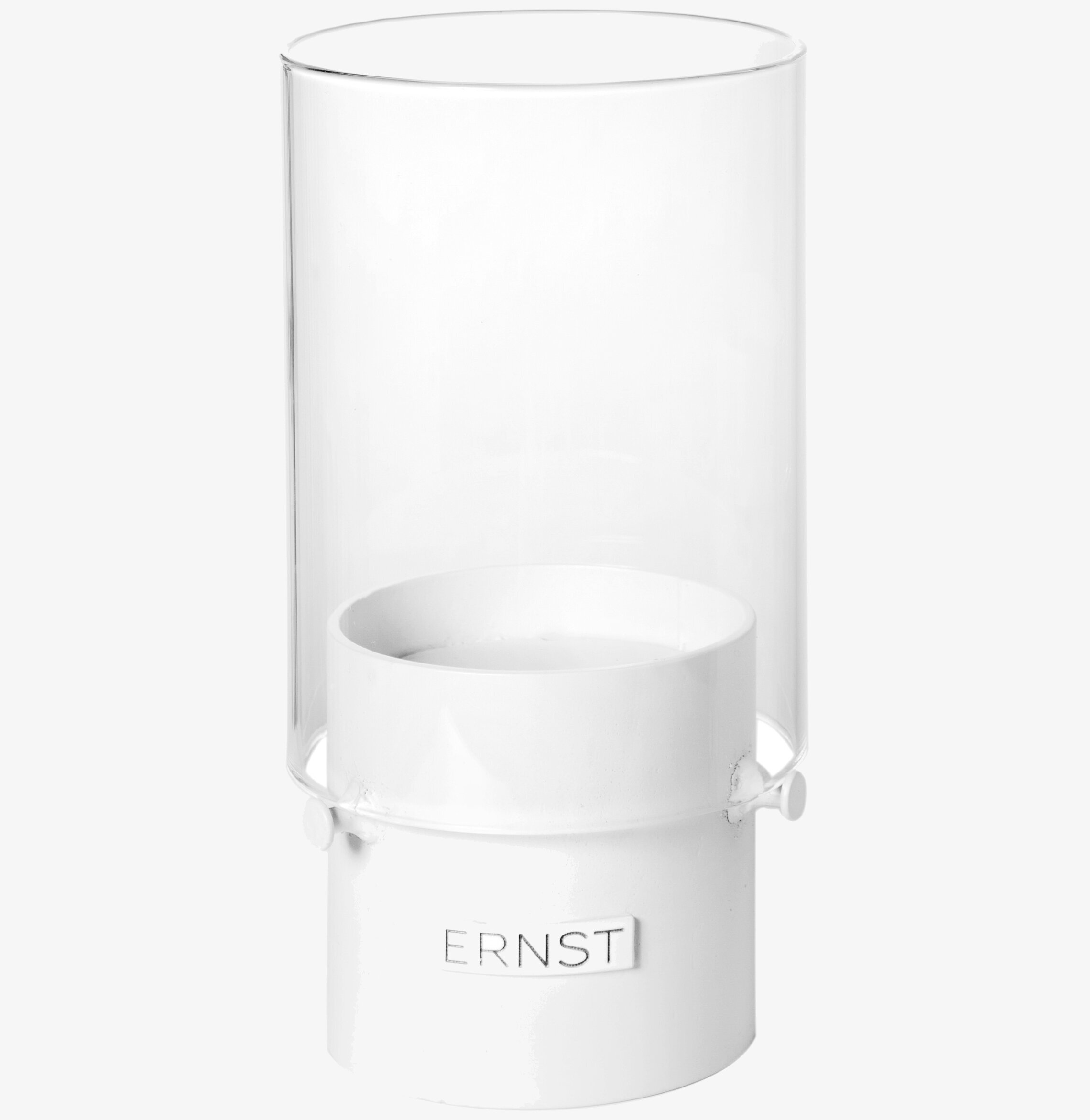 Foto av rund lykta med vit bas och klar glasbehållare