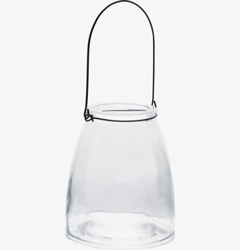 Bild av stilren glaslykta med handtag och metallöglor