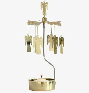 Bild av elegant ljuslykta med snurrande änglar i guld