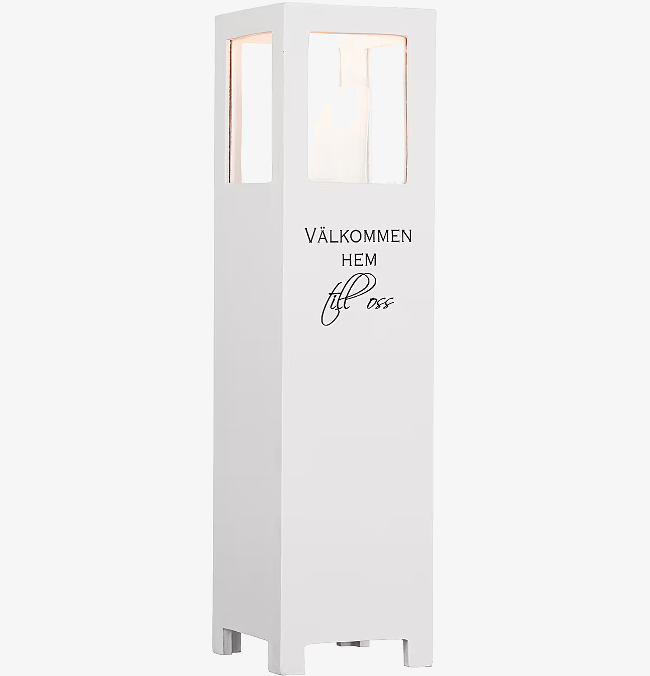 Bild av elegant ljuslykta med välkomnande text