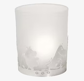 Bild av glaslykta med Muminmotiv och frostad yta