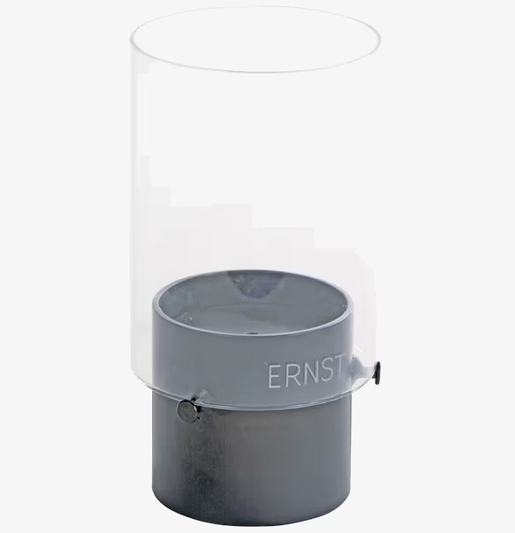 Rund Lykta Låg Grå från Ernst med metallbas och glasöverdel